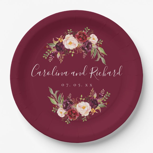 Burgundy Floral Rustic Engagement Party Paper Plates (Front)