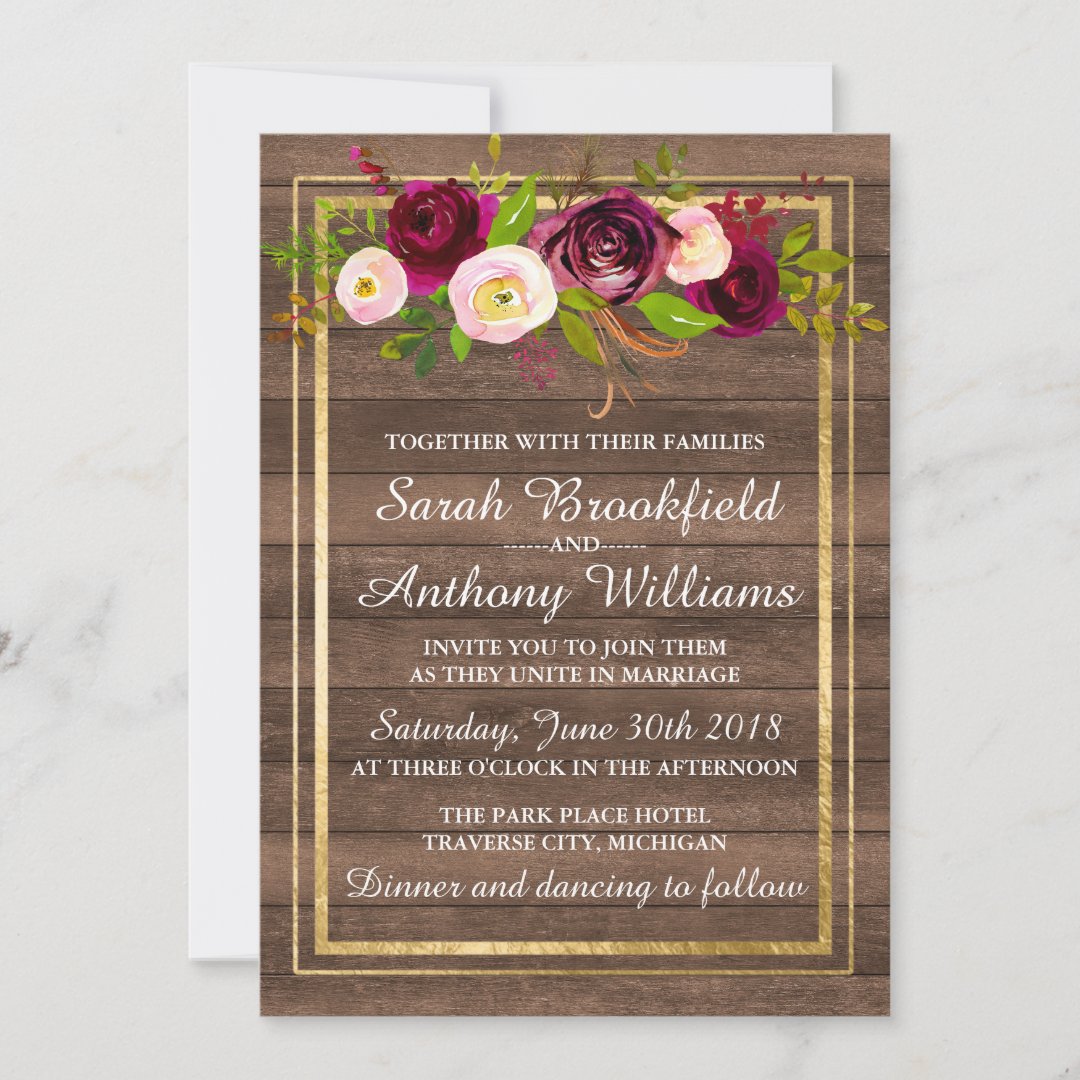 Burgundy Floral Rustic Gold Blush Rose Wedding Invitation | Zazzle