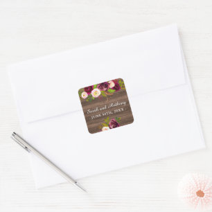 Burgundy Floral Rustic Gold Blush Rose Wedding Square Sticker