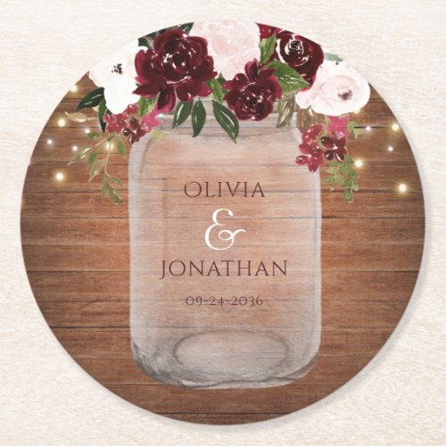 Burgundy Floral Rustic Mason Jar Wedding Round Paper Coaster