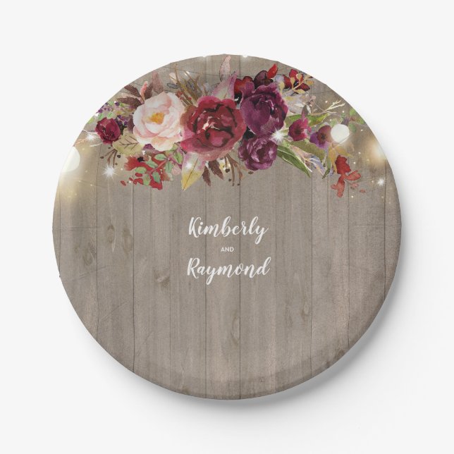 Burgundy Floral Rustic Paper Plates (Front)