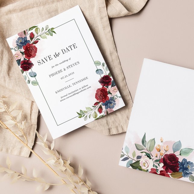 Burgundy Floral Rustic Save the Date Note Card (Burgundy Floral Botanical Wedding Save the Date Announcement)