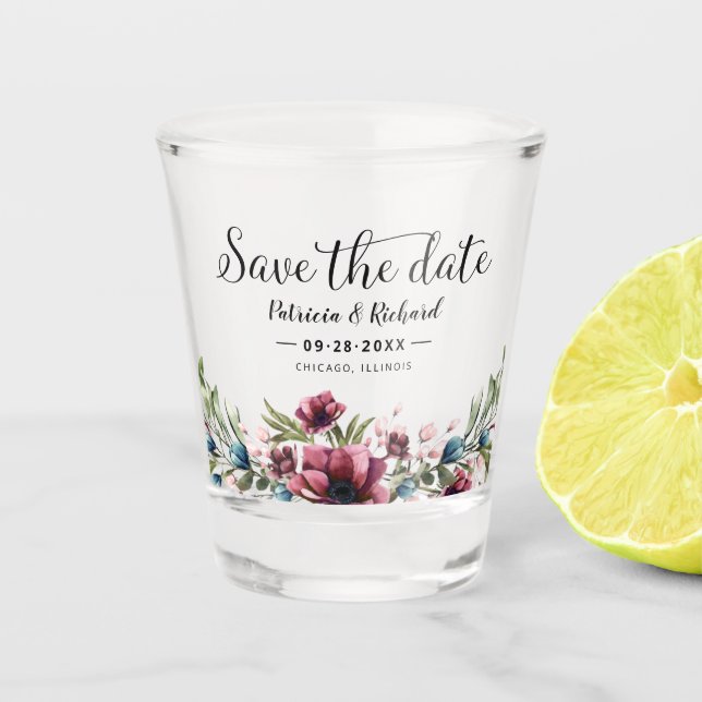 Burgundy Floral Rustic Save the Date Shot Glass (Front)