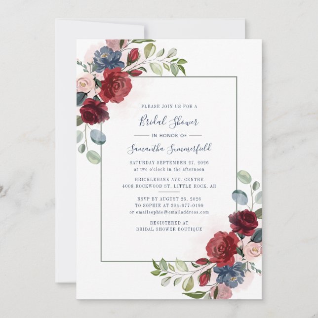Burgundy Floral Rustic Script Bridal Shower Invitation (Front)