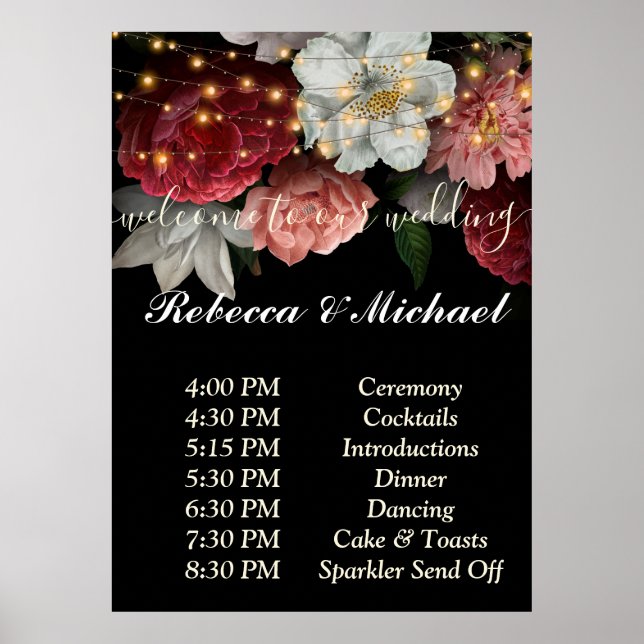 Burgundy Floral Rustic string ligOrder of Events   Poster (Front)