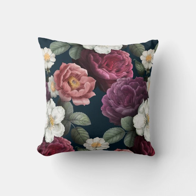 Burgundy  Floral Rustic Throw Pillow (Front)