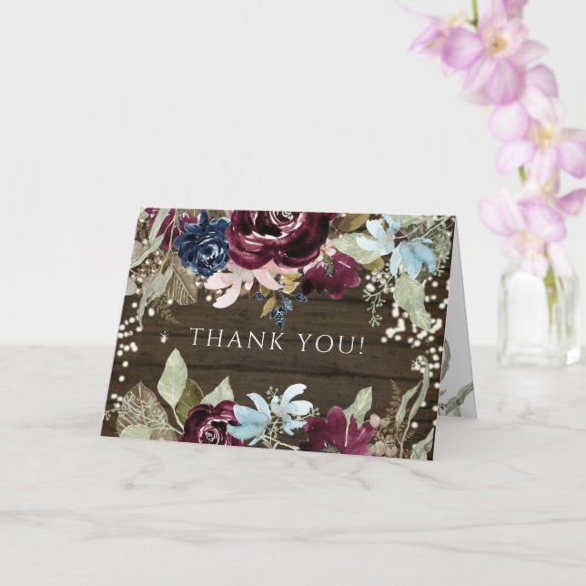 Burgundy Floral Rustic Twinkle Lights Thank You Card (Orchid)