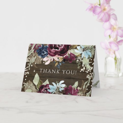 Burgundy Floral Rustic Twinkle Lights Thank You Card