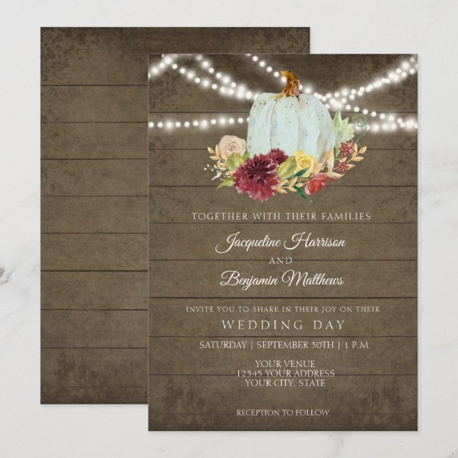 Burgundy Floral Rustic Twinkle Wood w Blue Pumpkin Invitation (Front/Back)