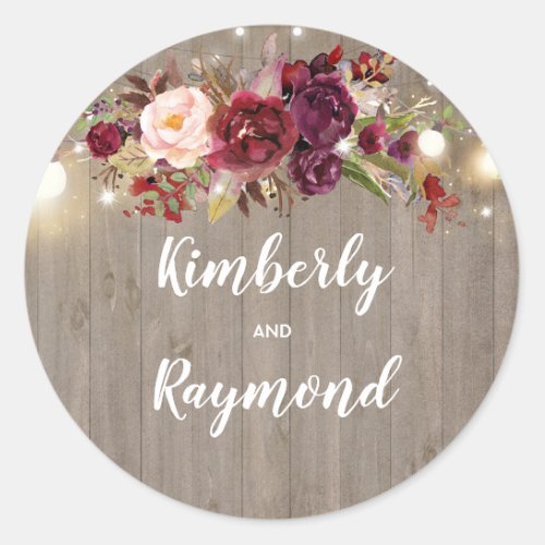 Burgundy Floral Rustic Wedding Classic Round Sticker