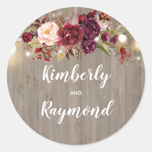 Burgundy Floral Rustic Wedding Classic Round Sticker (Front)