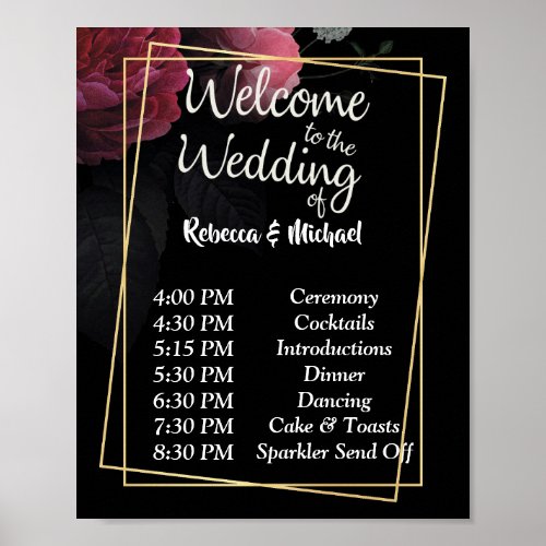 Burgundy  Floral Rustic Wedding Order of Events P Poster
