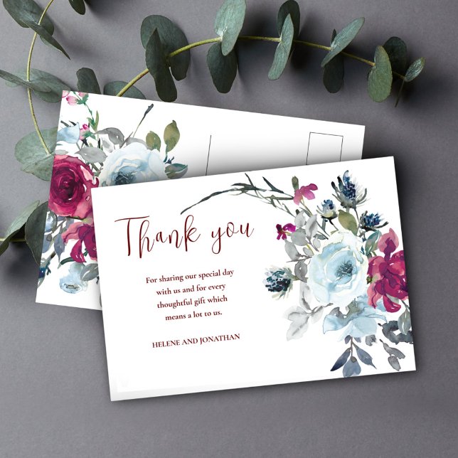 Burgundy Floral Rustic Wedding Thank You Postcard (Burgundy Floral Rustic Wedding Thank You Postcard)