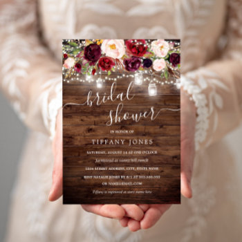 Burgundy Floral Rustic Wood Bridal Shower Invite by LittleBayleigh at Zazzle