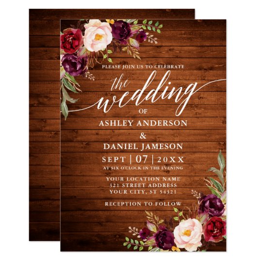 Burgundy Floral Rustic Wood Calligraphy Wedding Invitation | Zazzle.com