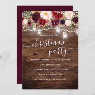 Burgundy Floral Rustic Wood Christmas Party Invite