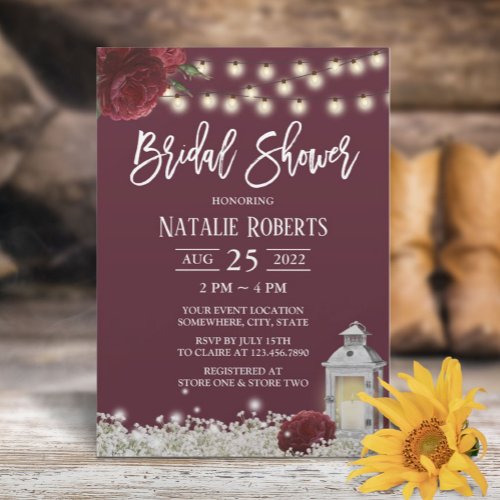 Burgundy Floral Rustic Wood Lantern Bridal Shower Invitation