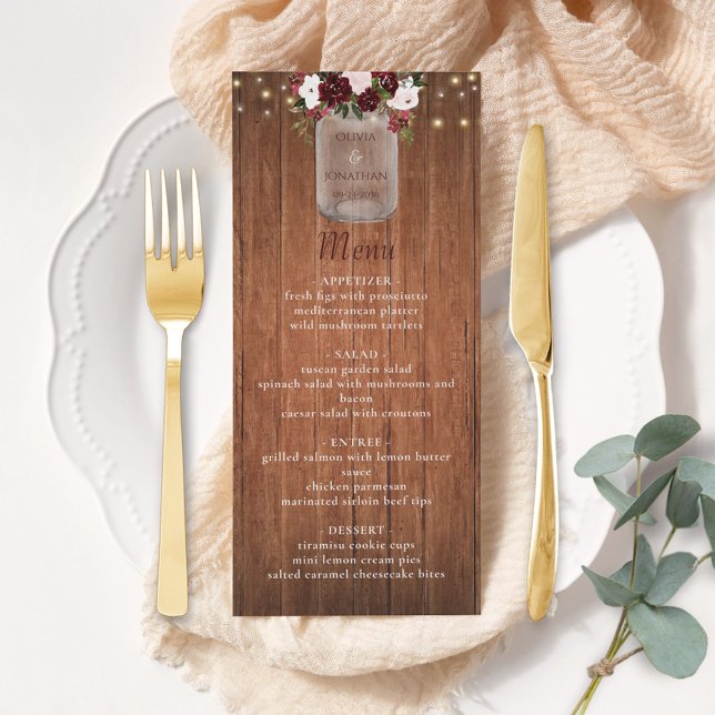 Burgundy Floral Rustic Wood Mason Jar Wedding Menu (Creator Uploaded)
