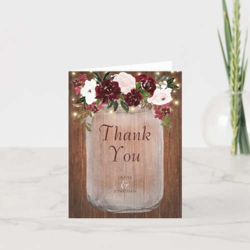 Burgundy Floral Rustic Wood Mason Jar Wedding Thank You Card