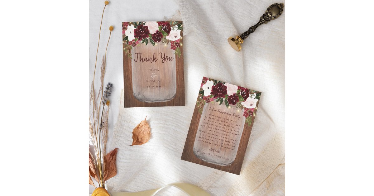 Burgundy Floral Rustic Wood Mason Jar Wedding Thank You Card | Zazzle