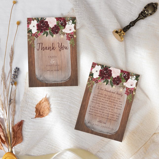 Burgundy Floral Rustic Wood Mason Jar Wedding Thank You Card (Creator Uploaded)