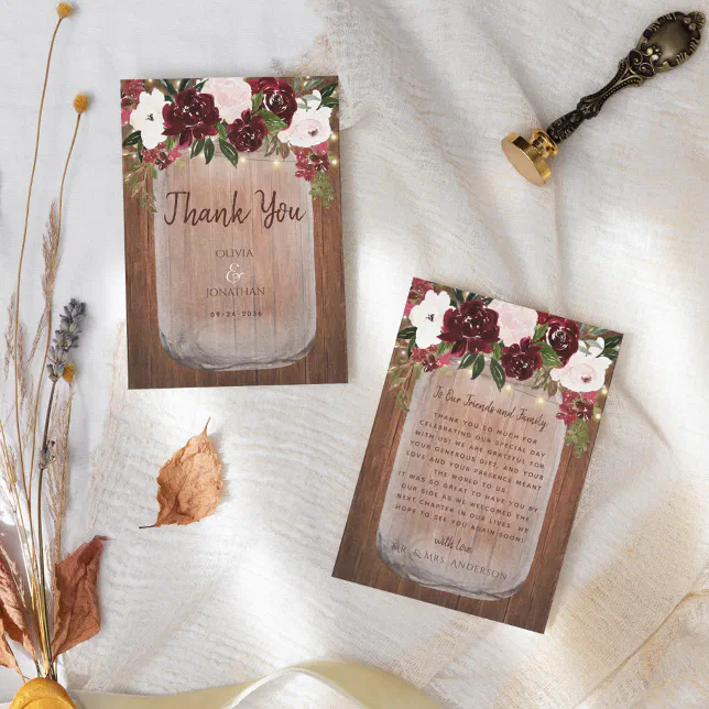 Burgundy Floral Rustic Wood Mason Jar Wedding Thank You Card | Zazzle