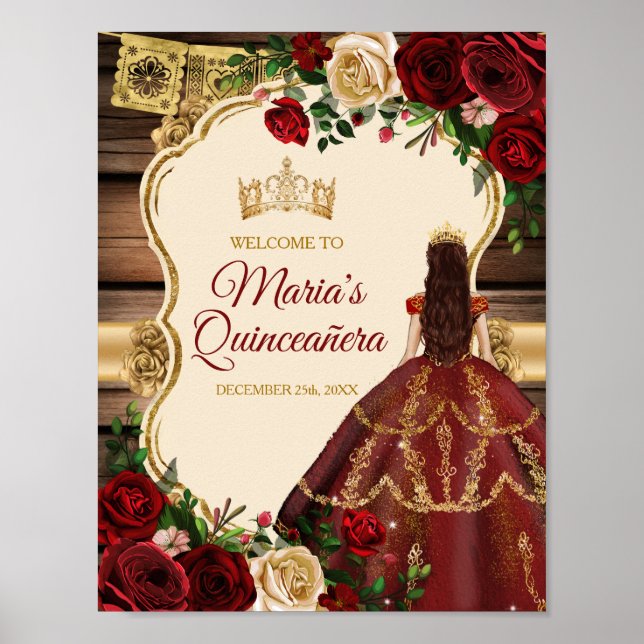 Burgundy Floral Rustic Wood Mis Quince Welcome Poster (Front)