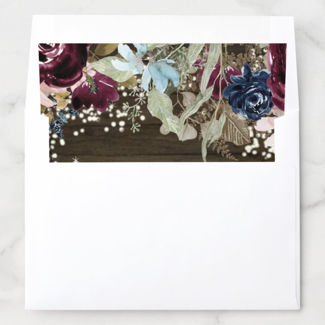 Burgundy Floral Rustic Wood Twinkle Lights Wedding Envelope Liner (In Envelope)