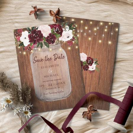 Burgundy Floral Rustic Wood Wedding Save The Date