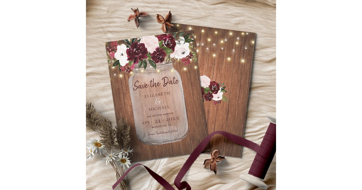 Burgundy Floral Rustic Wood Wedding Save the Date | Zazzle