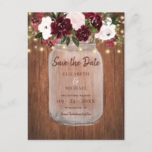 Burgundy Floral Rustic Wood Wedding Save the Date Announcement Postcard