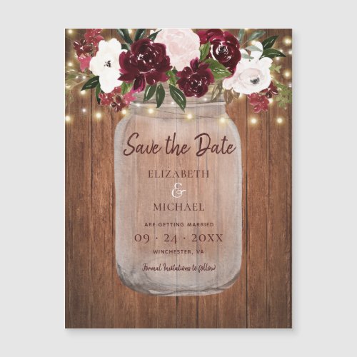 Burgundy Floral Rustic Wood Wedding Save the Date Magnetic Invitation