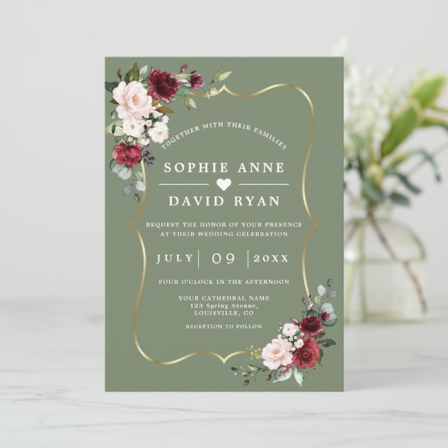 Burgundy Floral Sage Green All In One Wedding   Invitation (Standing Front)