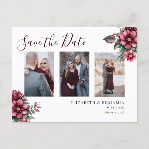 Burgundy Floral Save the Date 3 Photo Modern Announcement Postcard