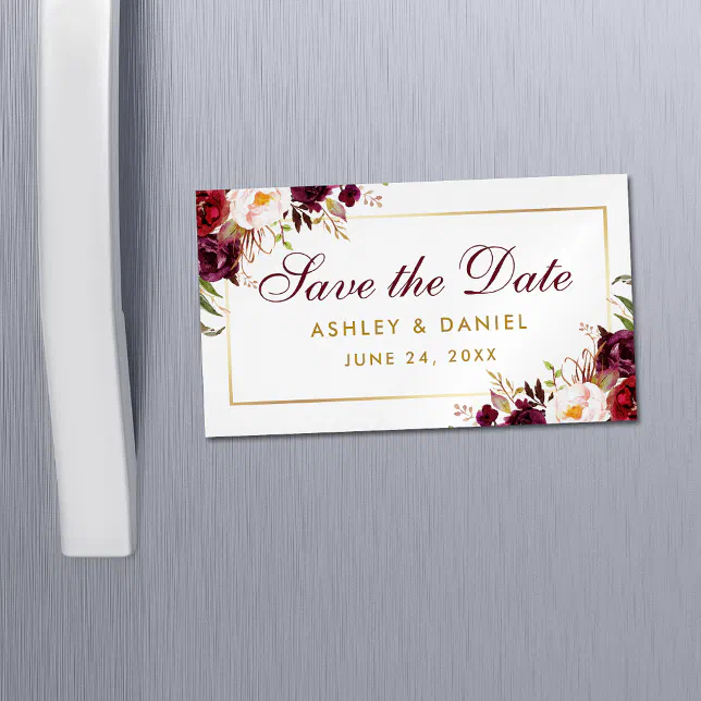 Burgundy Floral Save The Date Gold Mini Magnet | Zazzle