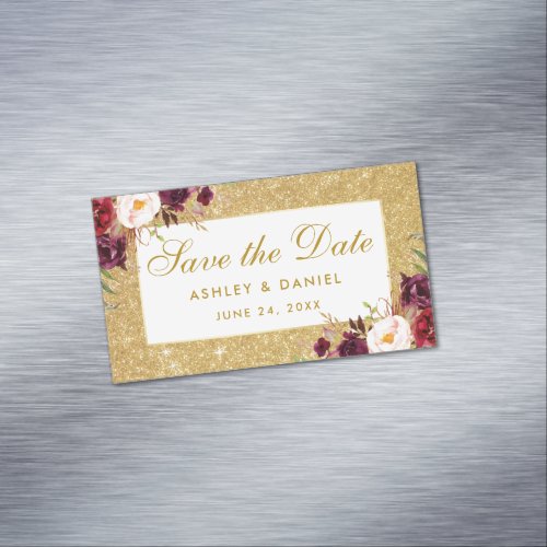 Burgundy Floral Save The Date Gold Mini Magnet