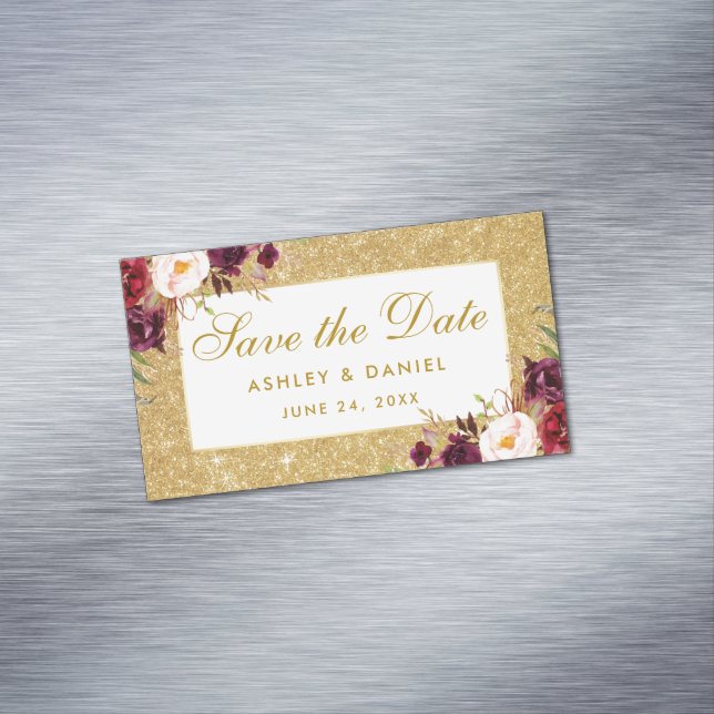 Burgundy Floral Save The Date Gold Mini Magnet (In Situ)