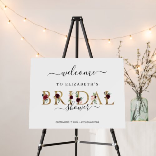 Burgundy Floral Script Bridal Shower Welcome Sign