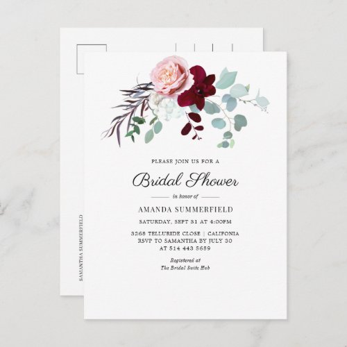 Burgundy Floral Script Eucalyptus Bridal Shower Invitation Postcard