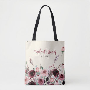 Burgundy Floral Script Maid of Honor Bridesmaid Tote Bag