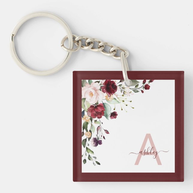 Burgundy Floral Script Monogram Initial Name Keychain (Front)