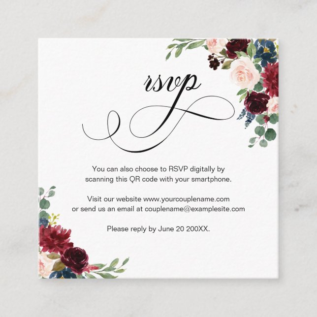 Burgundy Floral Script QR Code Wedding RSVP Card (Front)