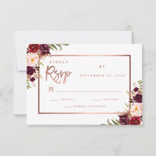 Burgundy Floral Script Rose Gold Wedding RSVP