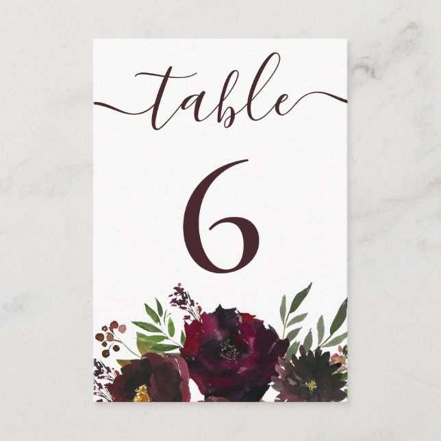 Burgundy Floral Script Wedding Table Number (Front)