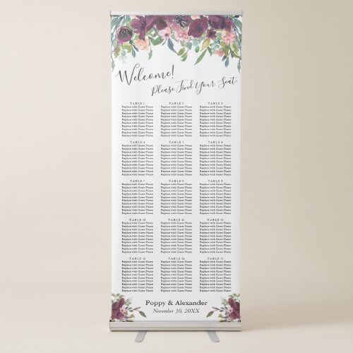 Burgundy Floral Seating Chart with 150 Guest Names Retractable Banner