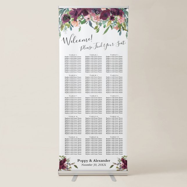 Burgundy Floral Seating Chart with 150 Guest Names Retractable Banner (Front)