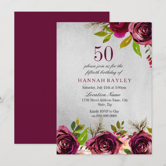 Burgundy Floral Silver 50th Birthday Invite (Front/Back)