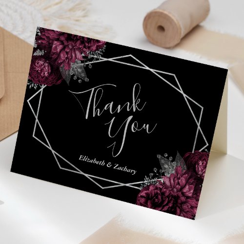 Burgundy Floral Silver Black Geometric Wedding Thank You Card