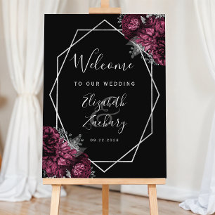 Burgundy Floral Silver Black Wedding Welcome Foam Board