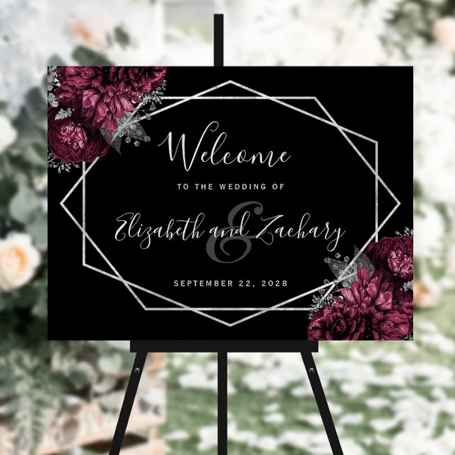 Burgundy Floral Silver Black Wedding Welcome Foam Board (Creator Uploaded)